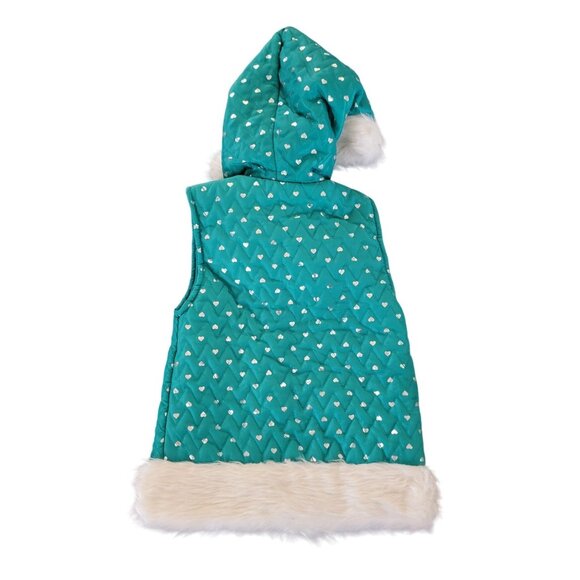 Little Lass Girls Hooded Quilted Vest With Faux Fur Trim Size 5 Teal With Heart - Picture 2 of 5